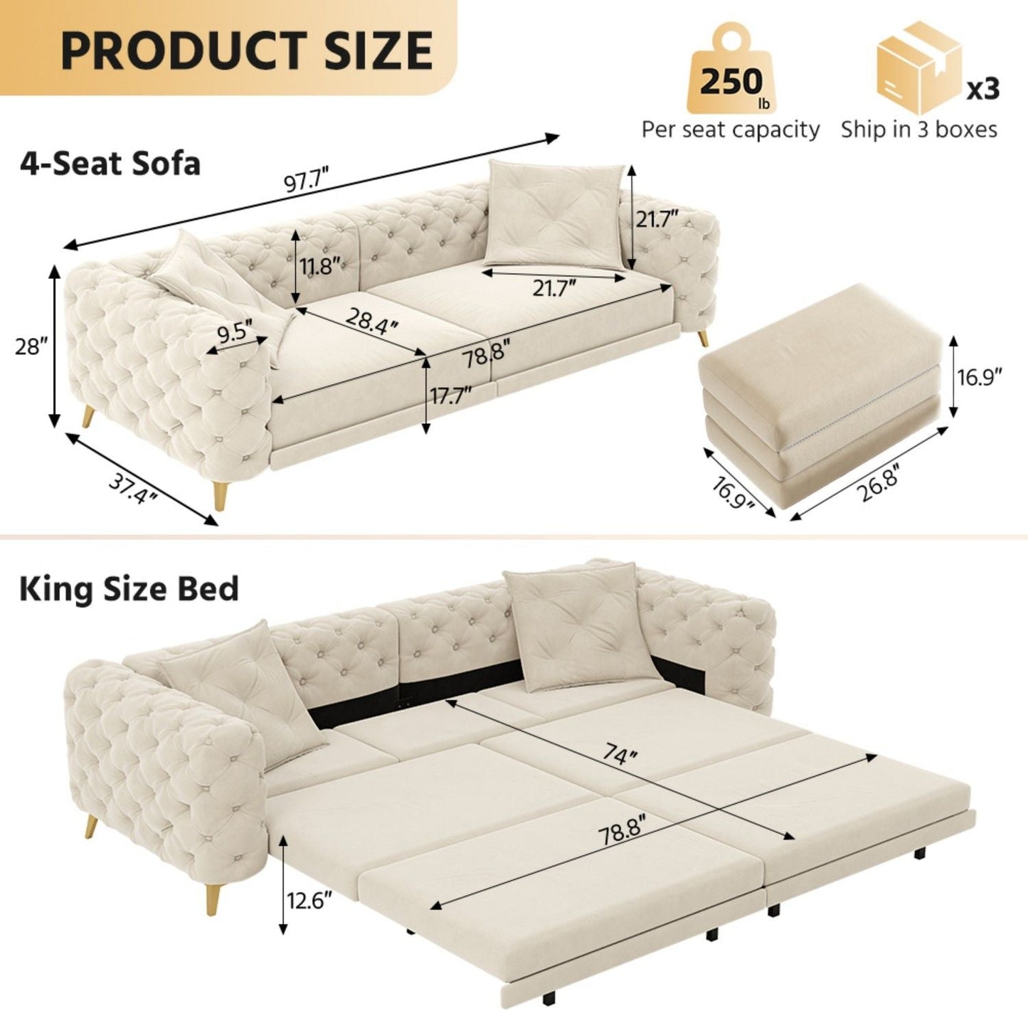 3 In 1 Convertible Sleeper, Deep Seat Pull Out Sofa Bed, Button Tufted Home Essentials