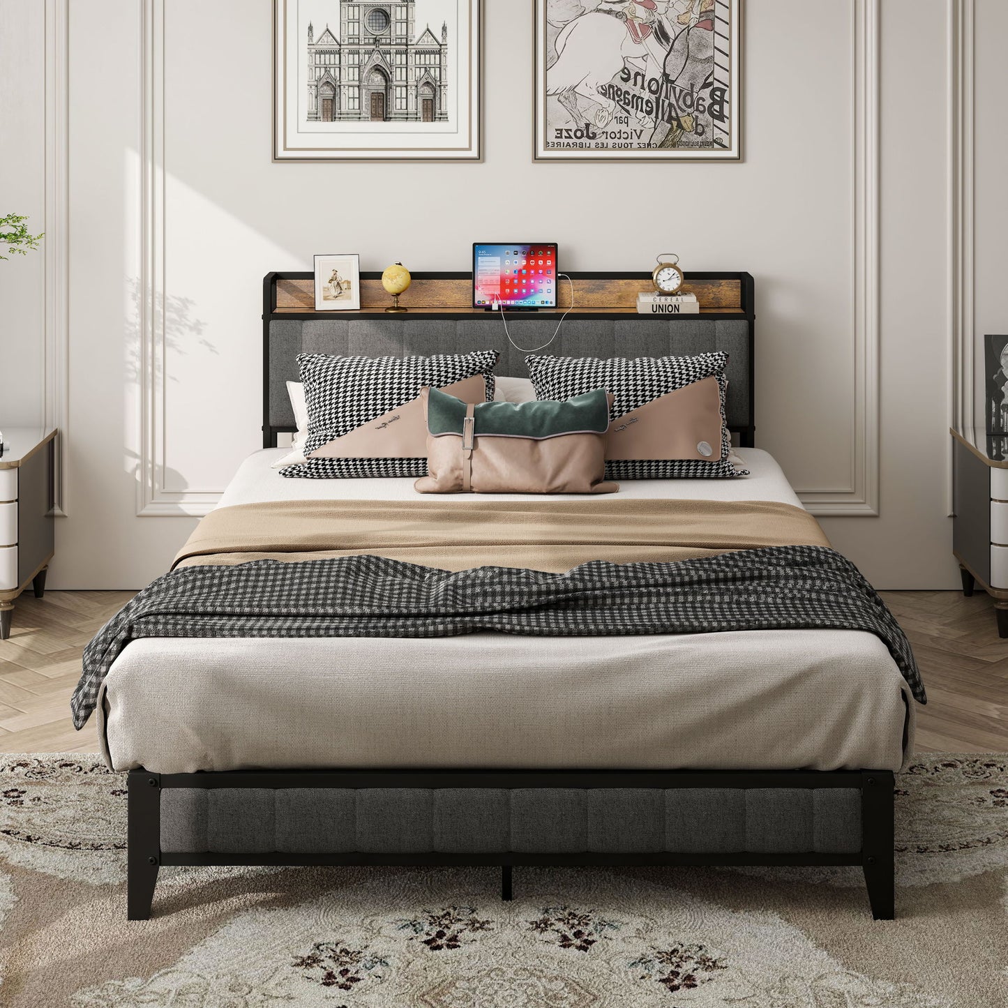 Bed With Charging Station, American Design Upholstered Headboard, Metal Platform Home Essentials