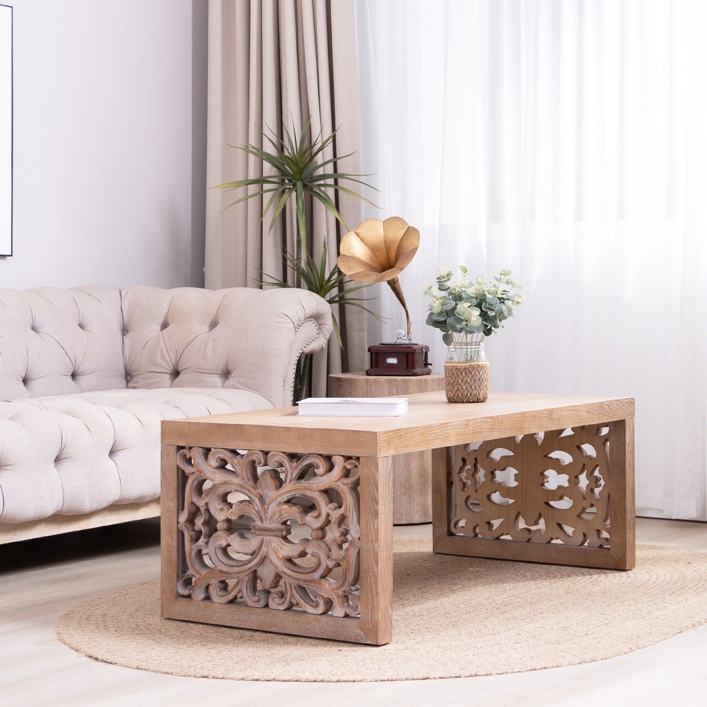 Rustic Carved Wood Coffee Table, Handcrafted Look With Ornate Side Panels Home Essentials