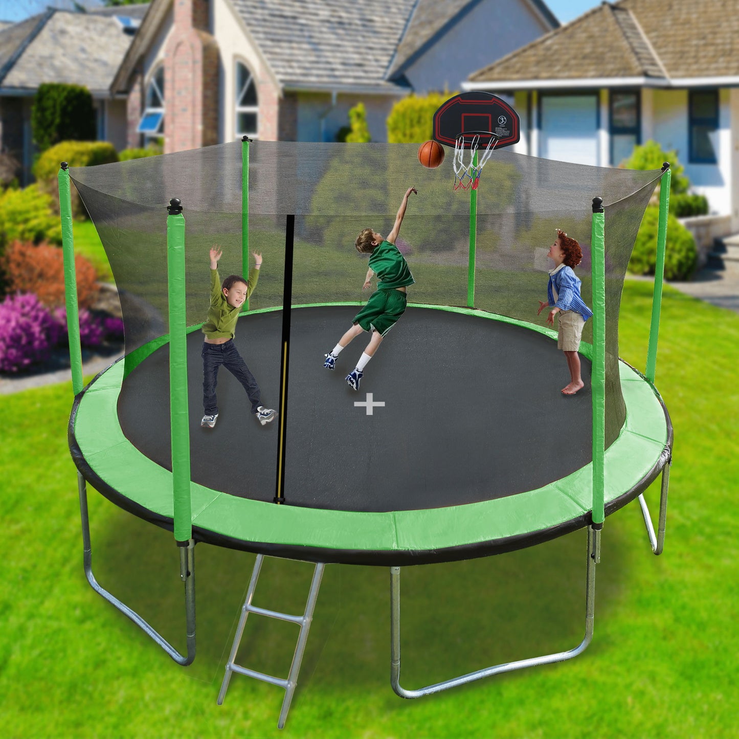 15Ft Trampoline With Basketball Hoop Inflator And Ladder (Inner Safety Enclosure) Daily Nest