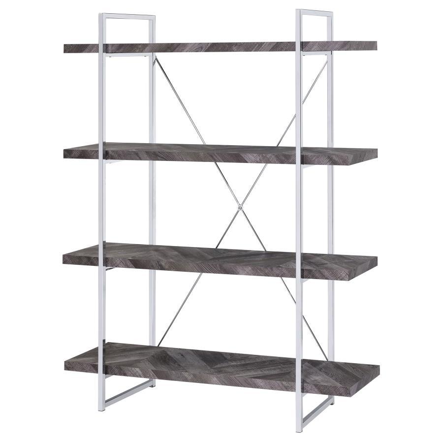 Grimma - 4-Shelf Bookshelf - Rustic Gray And Chrome CoasterEssence