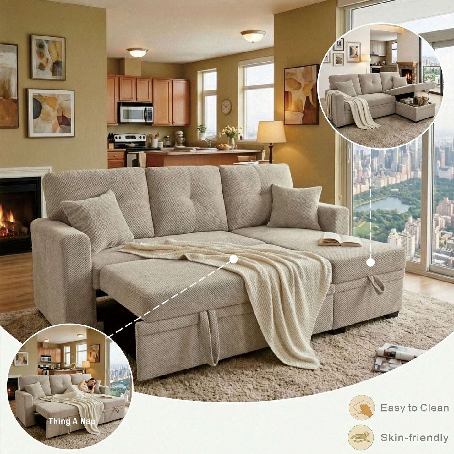 Sleeper Sectional With Pull Out Bed, Reversible Chaise Home Essentials