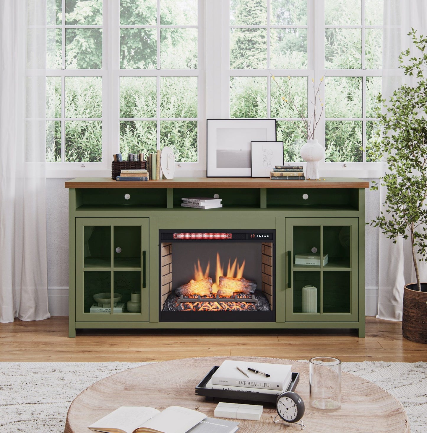Vineyard - 74" Fireplace TV Stand Console For TVs Up To 85" - Sage Green And Fruitwood Legends