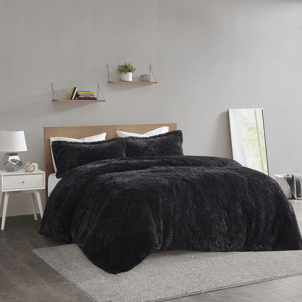 Malea - King Shaggy Duvet Cover Set - Black Intelligent Design