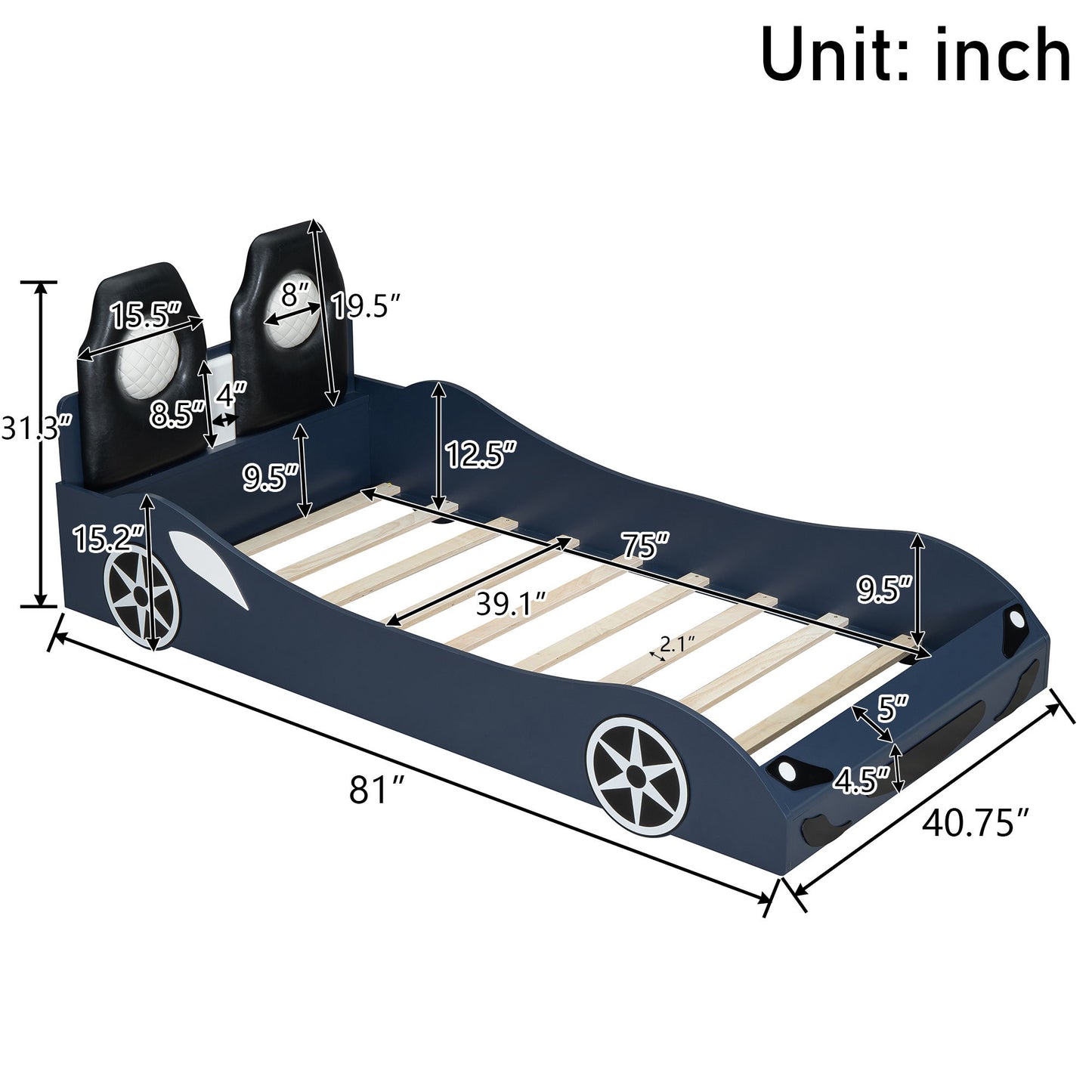 Race Car Shaped Platform Bed With LED And Upholstered Backrest In Hearth and Haven