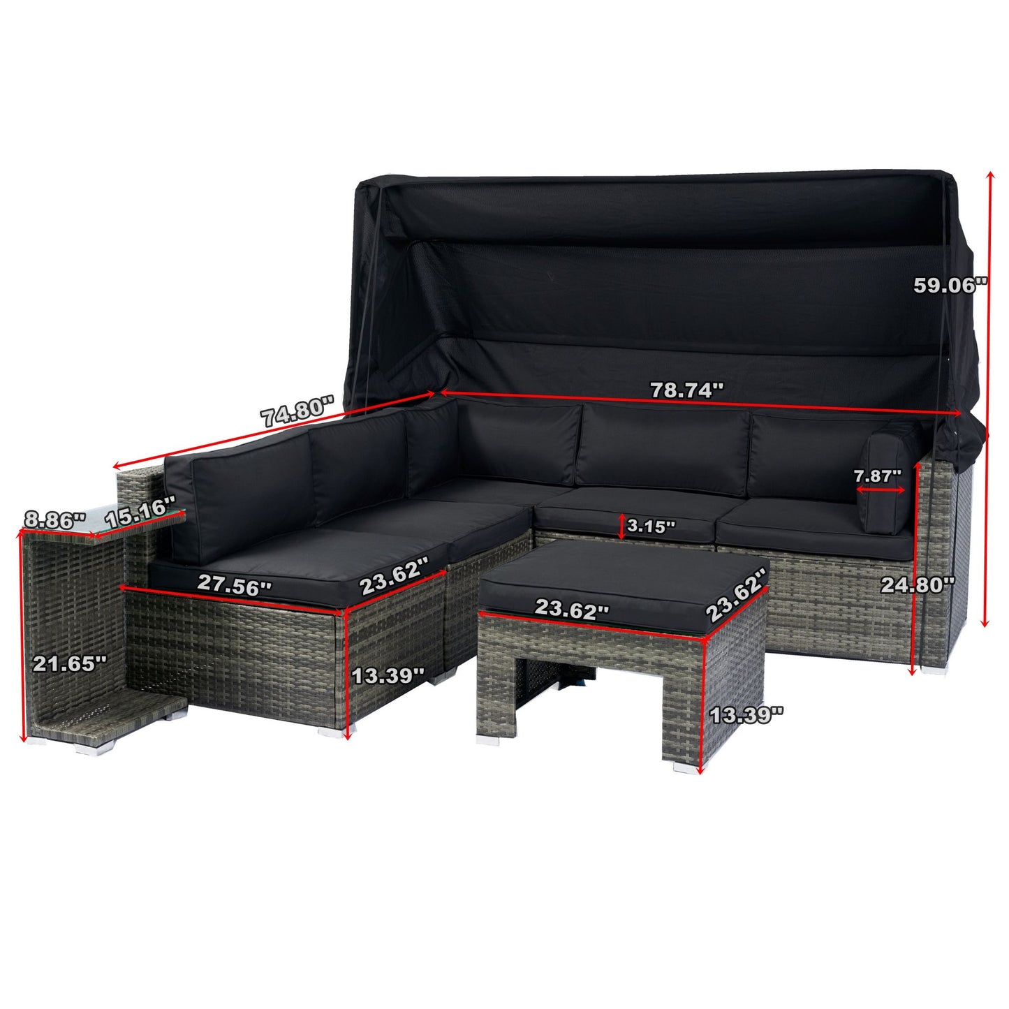 7 Piece Patio Furniture Set With Retractable Canopy Wicker Rattan Sectional Sofa Set Patio Furniture With Washable Cushions For Lawn, Garden, Backyard, Poolside Wicker And Cushion - Gray / Black Home Essentials