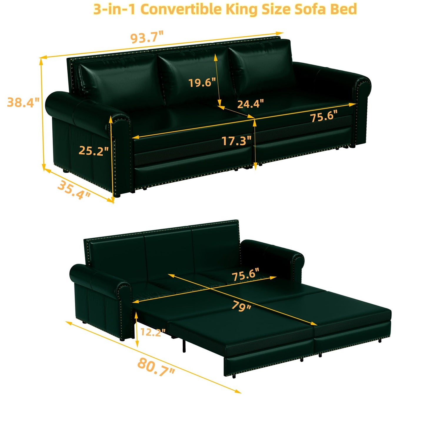 3 In 1 Convertible Sleeper Sofa With Nailhead Trim & Rolled Arm Home Essentials