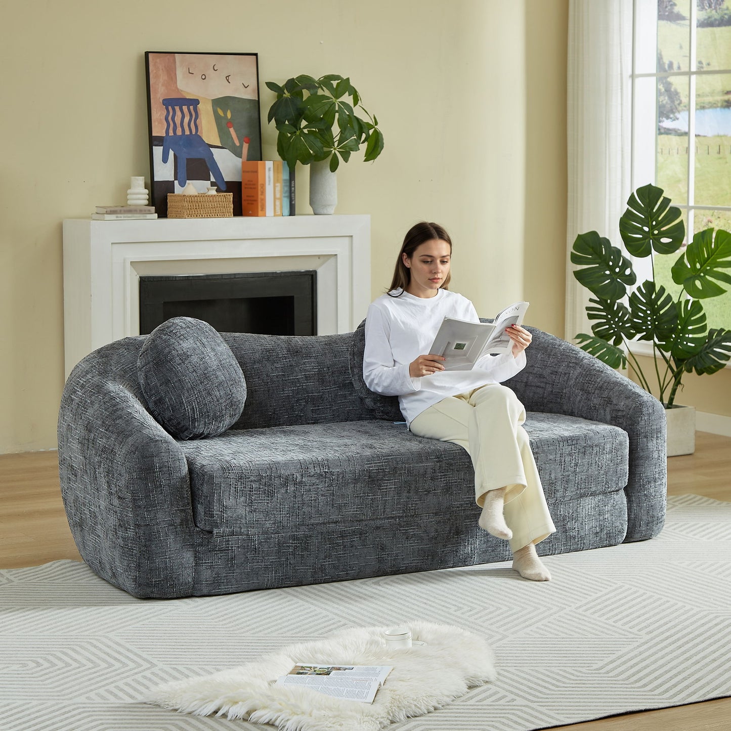 Curved Convertible Sofa, 2 In 1 Frameless Folding Sofa Bed With Pull Out Base And Deep Seat Home Essentials