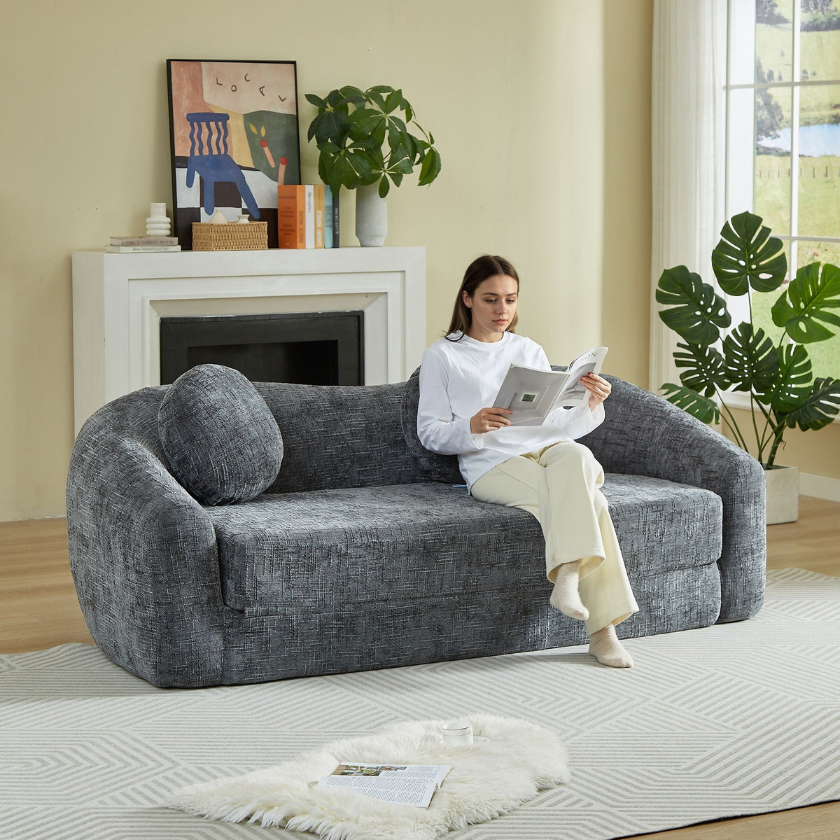 Curved Convertible Sofa, 2 In 1 Frameless Folding Sofa Bed With Pull Out Base And Deep Seat Home Essentials