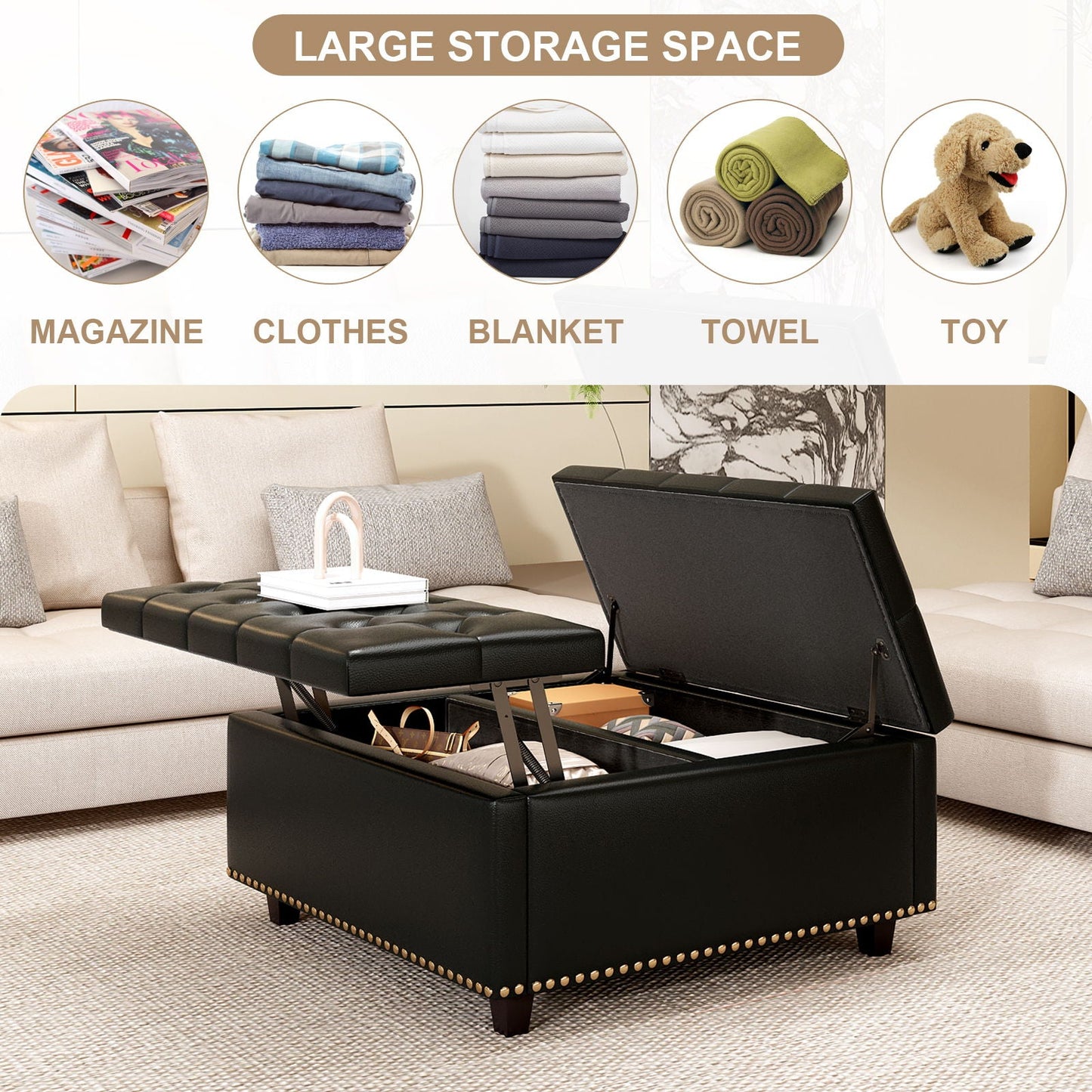 Large Square Storage Ottoman With 2 Storage Doors Home Essentials