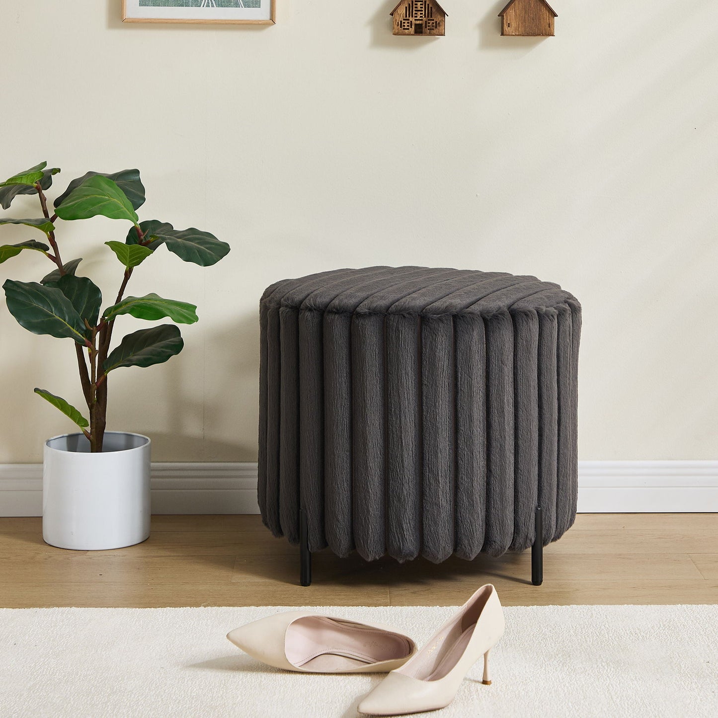 Wide Upholstered Round Pouf Ottoman Foot Rest Home Essentials