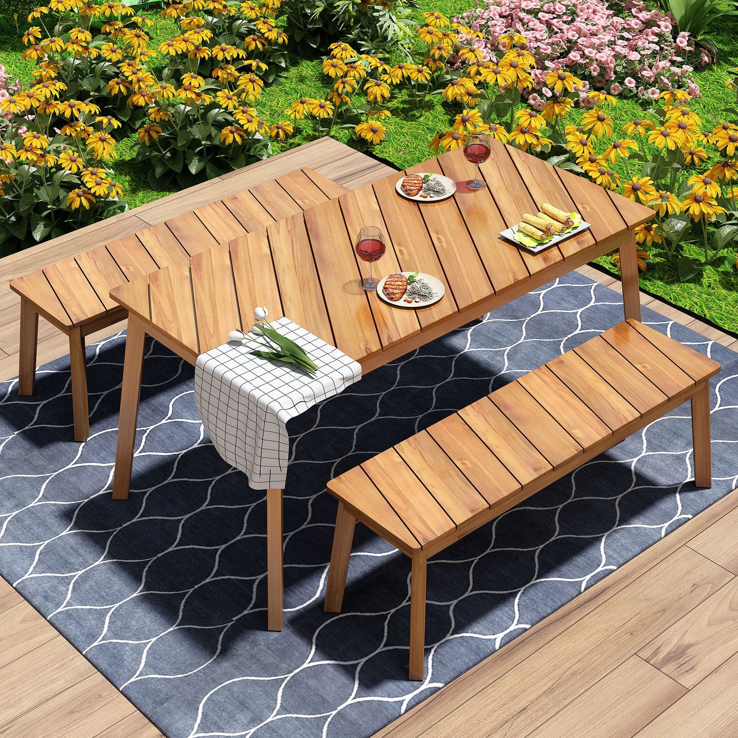3 Pieces Acacia Wood Table Bench Dining Set For Outdoor & Indoor Furniture With 2 Benches, Picnic Beer Table For Patio, Porch, Garden, Poolside - Natural Hearth and Haven
