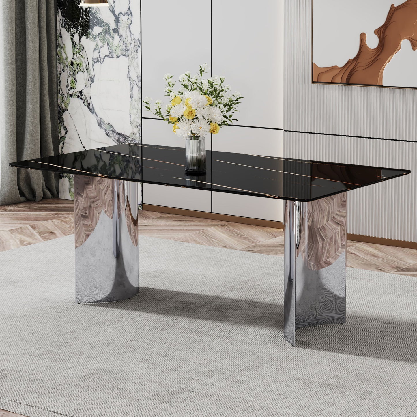 Modern Minimalist Dining Table With Imitation Marble Glass Desktop And Metal Legs Home Essentials