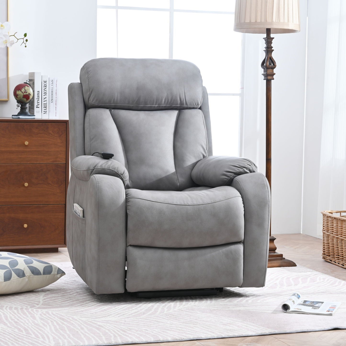 Electric Power Lift Recliner Chair, Fabric Recliner Chair, Home Theater Seating, Living Room Chair, Side Pocket, Remote Control - Light Gray Home Essentials