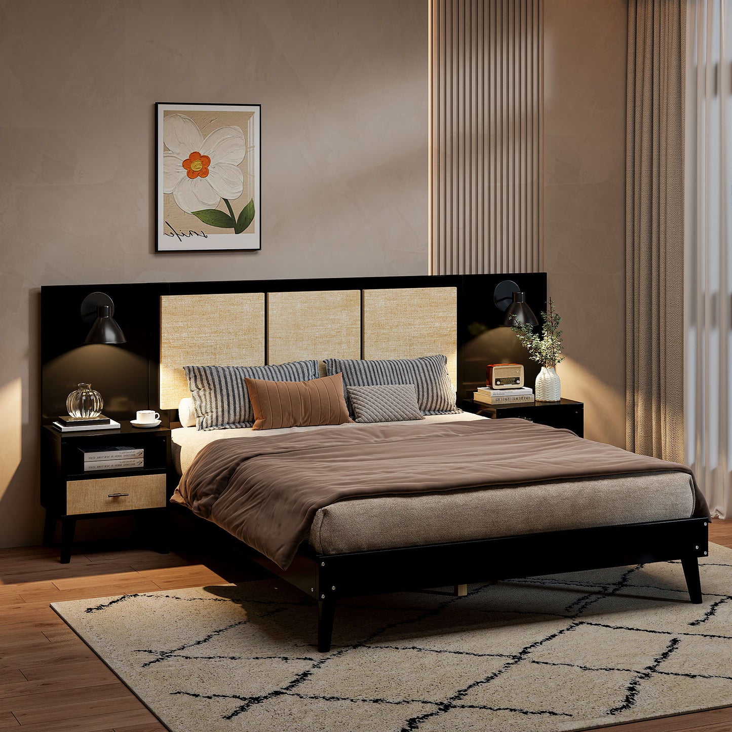 Bed Frame With 2 Nightstands Elegant Design With Lamps Timeless Haven