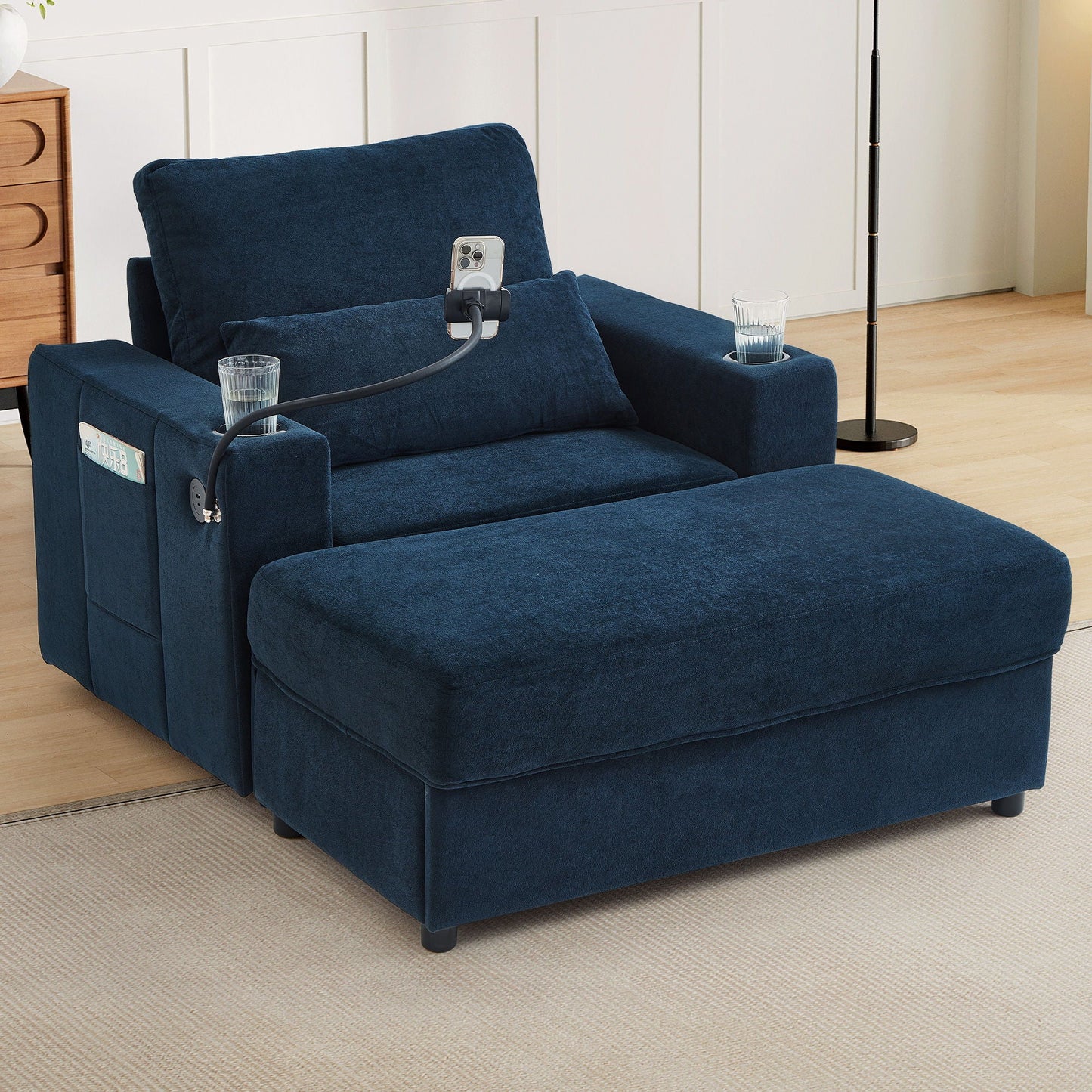 Modern Style Armchair Chaise Lounge Sofa Couch With Movable Storage Ottoman, USB Ports, Cup Holders, Phone Holder, Side Pockets Hearth and Haven