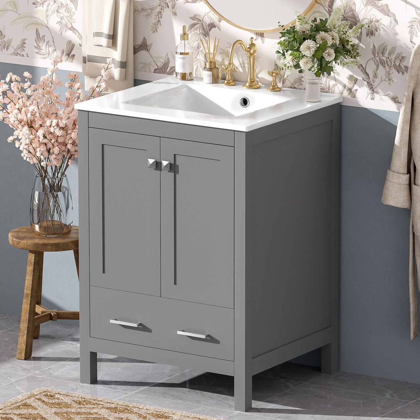 Bathroom Vanity With Integrated Undermount Ceramic Sink, 2 Doors And 1 Drawer, Soft Close Hinges Hearth and Haven