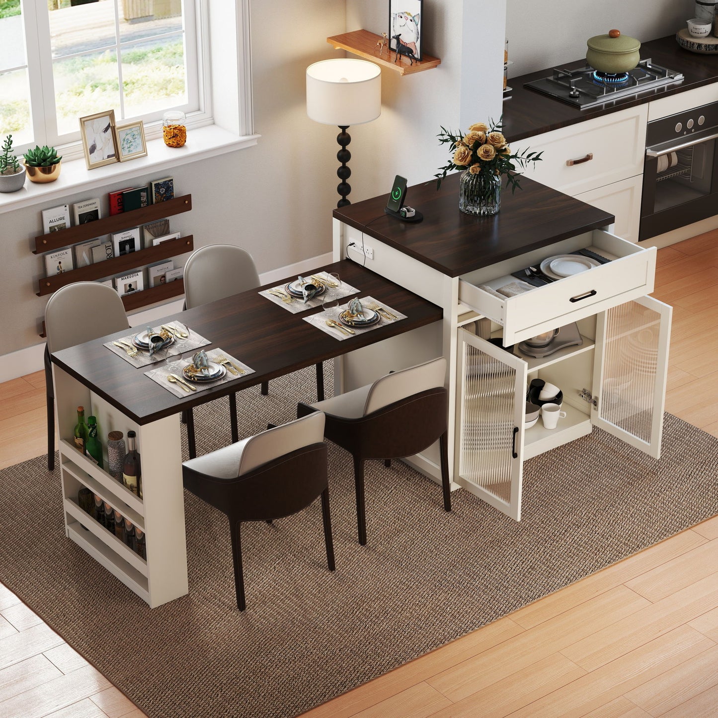 Extendable Kitchen Island With Slide Out Table And Storage Racks For 2 - 6 Person, Power Outlet, Bar, Prep Station - Creamy White / Walnut Home Essentials