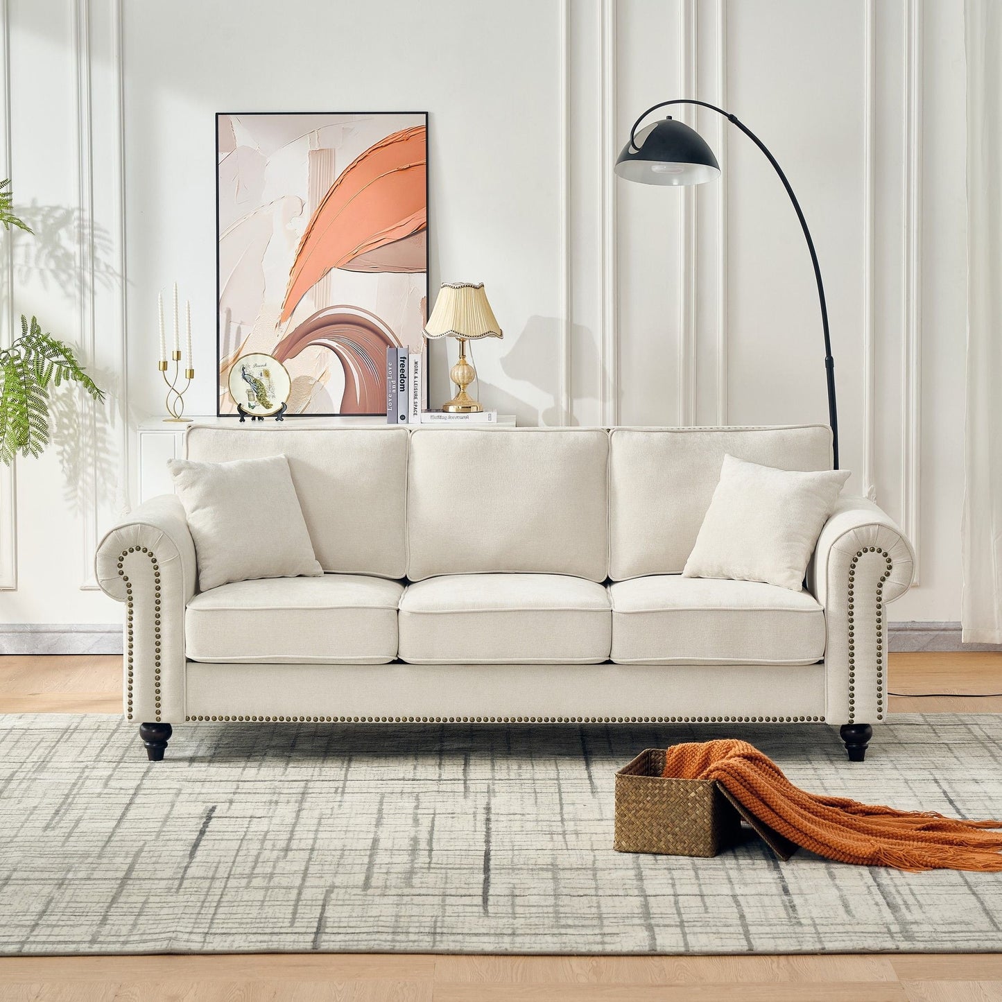 3 Seater Sofa With Tufted Upholstery, Rolled Arms, Nailhead Trim Home Essentials