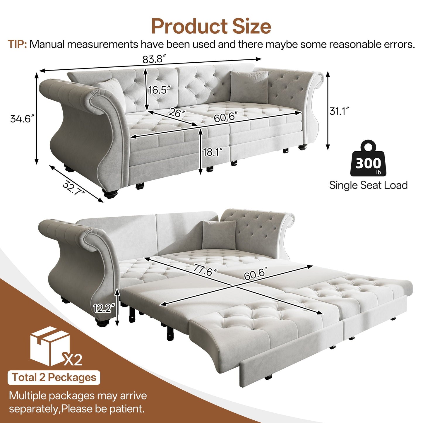 Oversized Chesterfield Pull Out Sofa Bed, Roll Arm Couch With Flower Tufting For Living Room Home Essentials