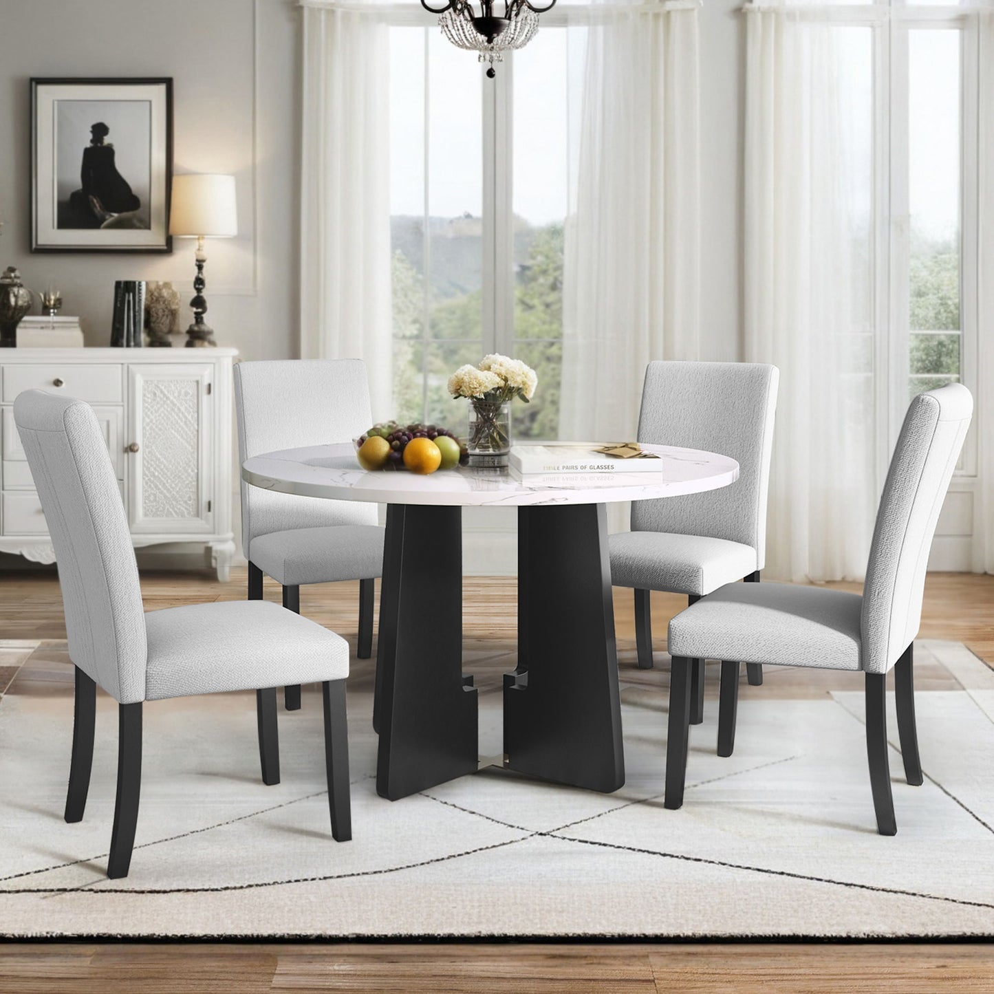 5 Piece Round Dining Table Set, Modern Dining Table And 4 Upholstered Chairs For Dining Room Hearth and Haven