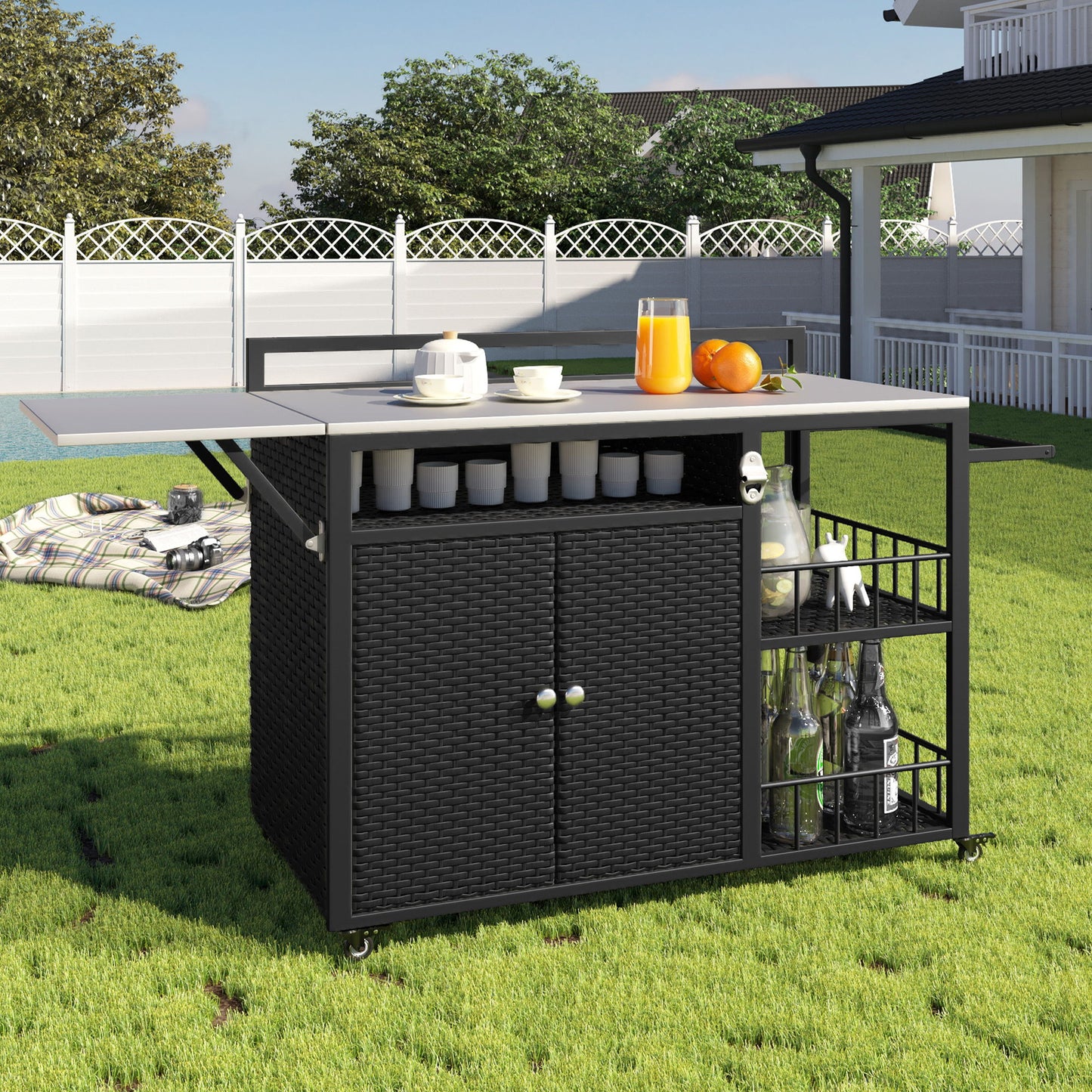 Outdoor Kitchen Island With Storage, Cooking Station, Grill Cart, Foldable Tabletop, And Bottle Opener - Dark Brown Hearth and Haven