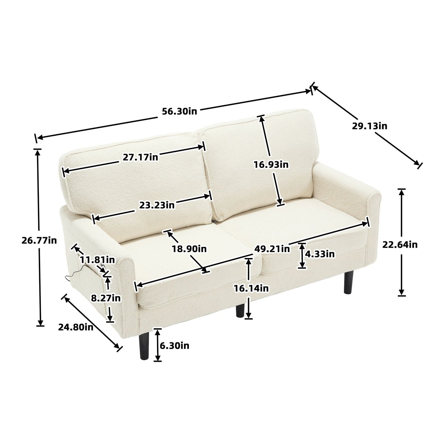 Mid Century Modern Loveseat Sofa With USB Ports, Removable Pillow Cover Home Essentials