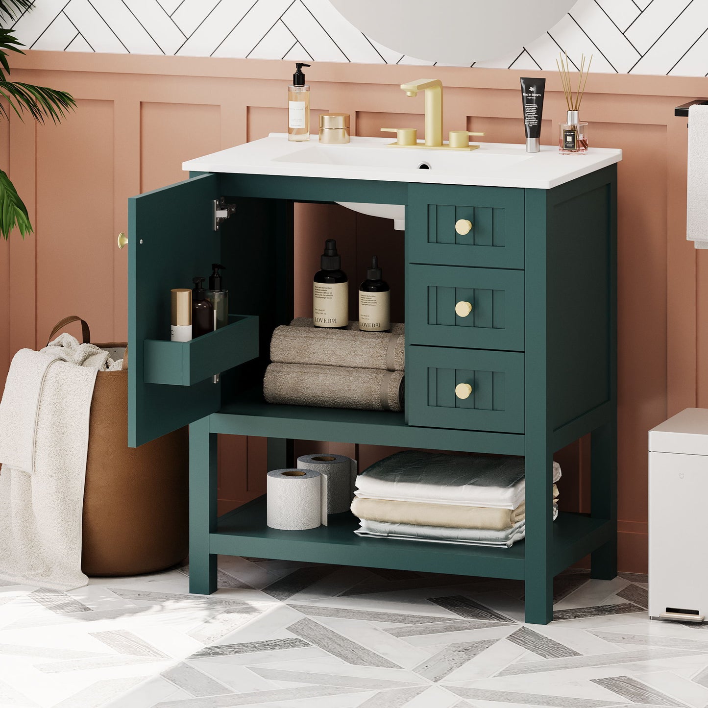 Transitional Style Bathroom Vanity Cabinet Combo With Ceramic Sink Hearth and Haven
