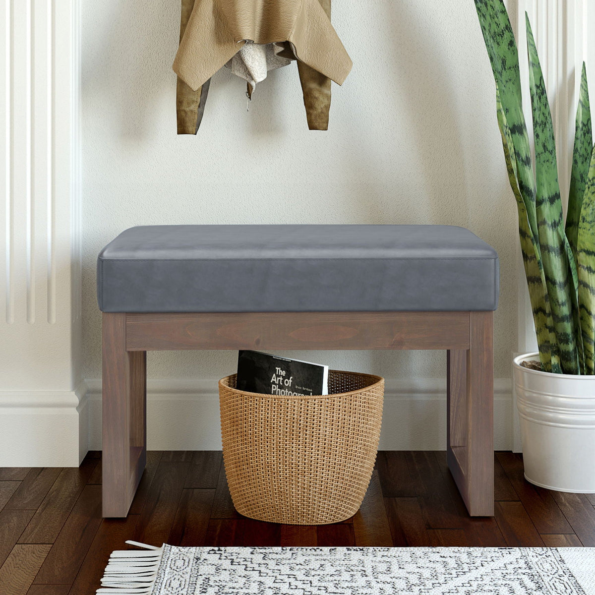 Milltown - Footstool Small Ottoman Bench - Dark Gray - Faux Leather Simpli-Home