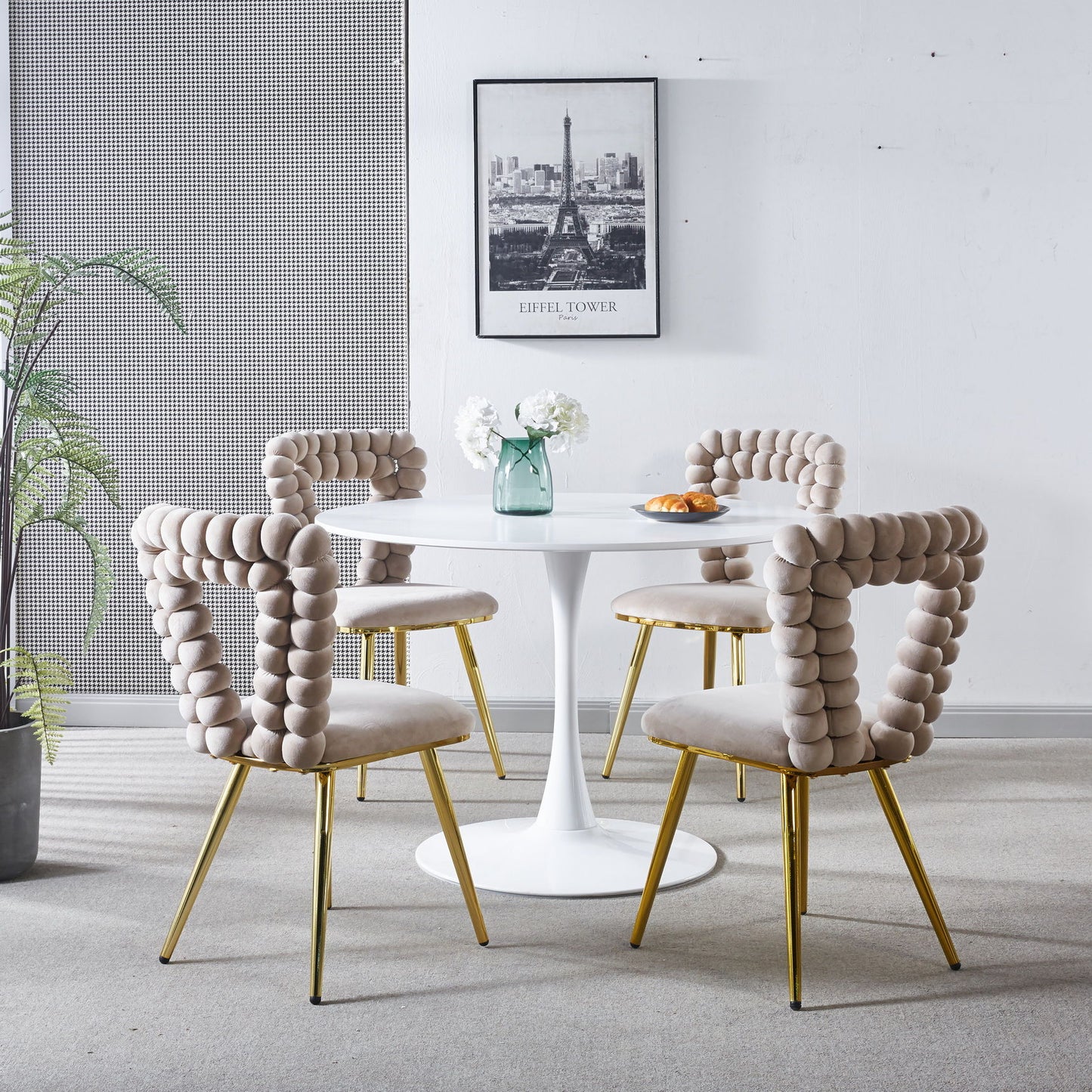 Modern Chair With Iron Tube Legs, Soft Cushions And Comfortable Backrest, Suitable For Dining Room, Living Room, Cafe, Hairball Back Home Essentials