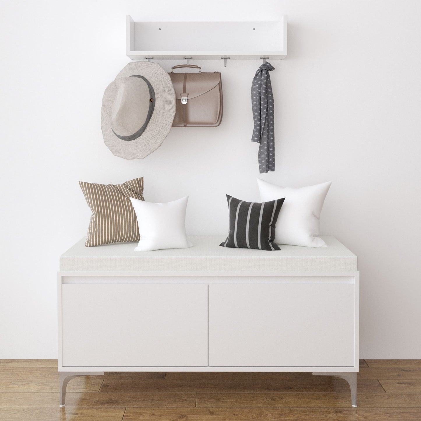 Wall Mounted Entryway Shelf With Hooks And Storage Bench Set - Off White Home Essentials