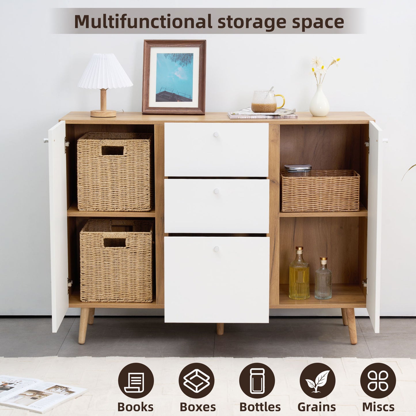 Sideboard Buffet Cabinet With 3 Drawers & 2 Doors, Buffet Cabinet With Adjustable Shelves For For Living Room Dining Room Hallway, Kitchen - White Home Essentials