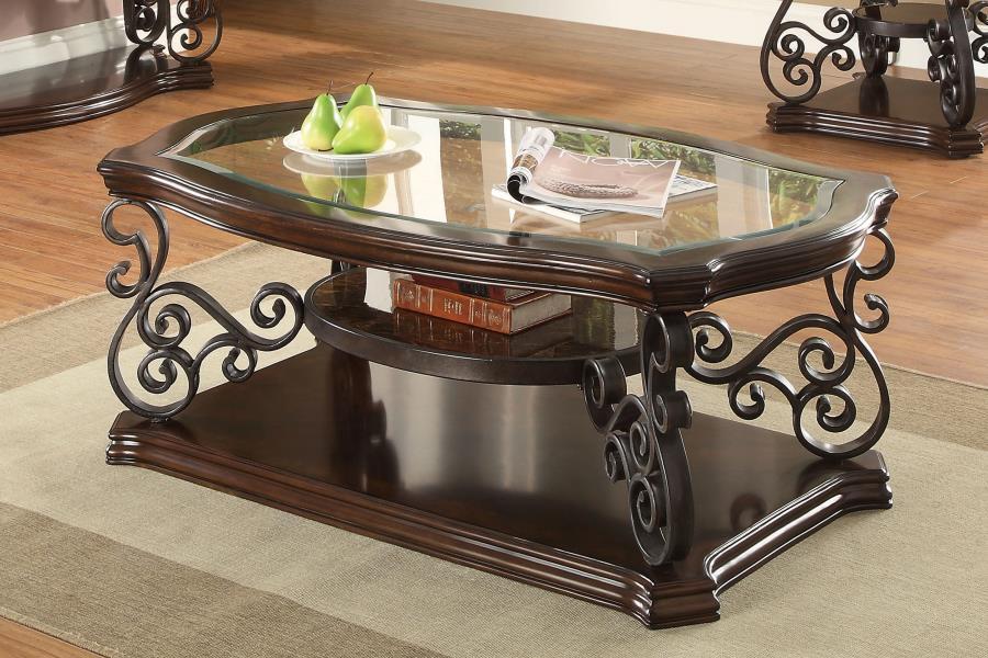 Laney - 1-Shelf Glass Top Rectangular Coffee Table - Deep Merlot CoasterEssence