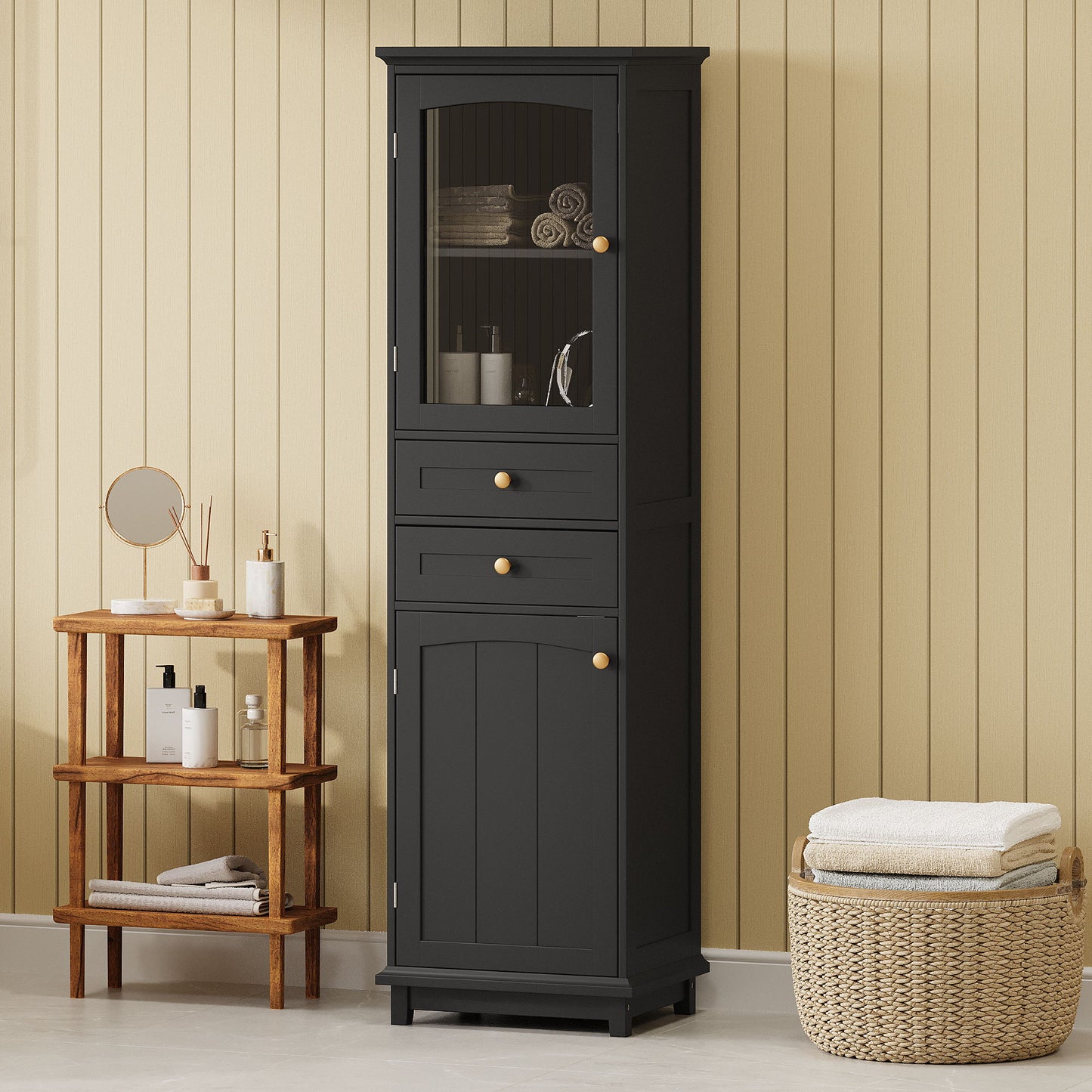 Tall Bathroom Storage Cabinet With Glass Doors, Free-Standing, Two Drawers, And Adjustable Shelves, MDF Board, Painted Perfect For Displaying Your Favorite Items Hearth and Haven