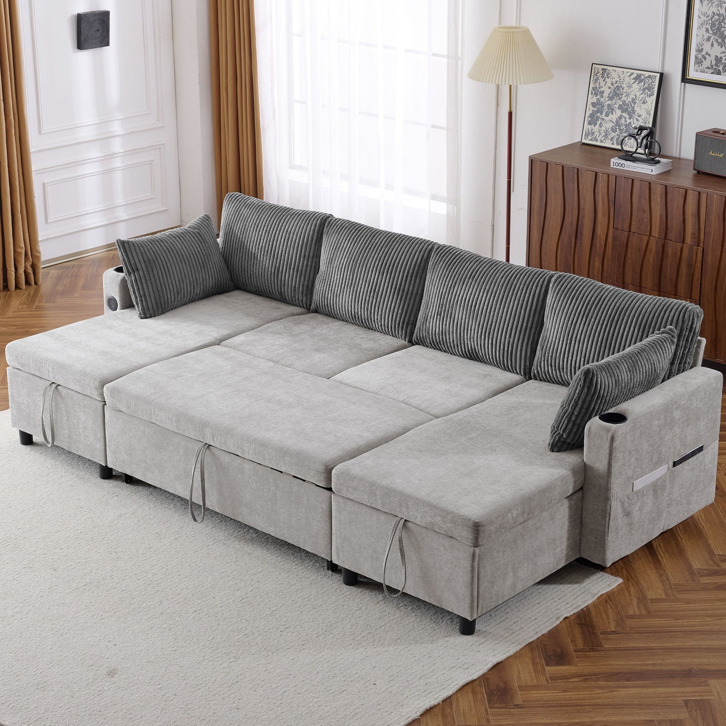 Sectional Sofa Bed With Pull Out Sleeper, USB Ports, Cup Holders Hearth and Haven