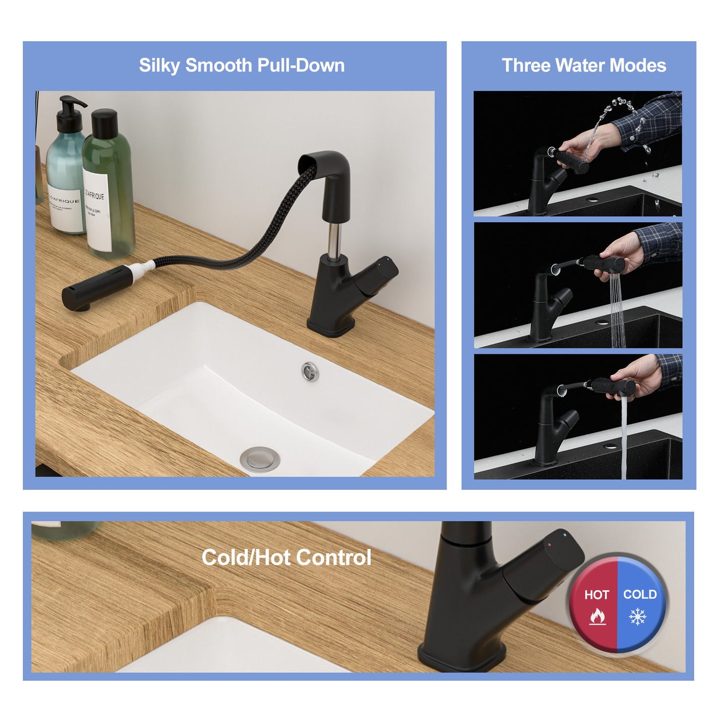 Pull Down Bathroom Sink Faucet With Three Water Modes And Construction - Matte Black Daily Nest