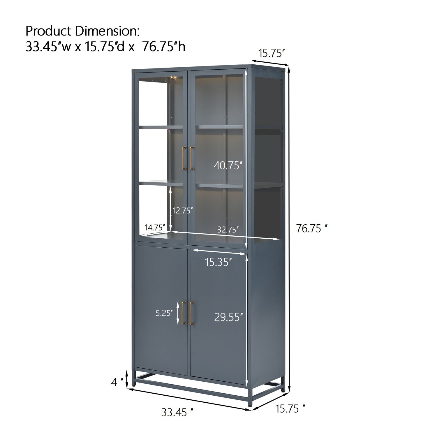 Modern Style Tall Steel Display Cabinet With Double Glass Doors, LED Lights Hearth and Haven