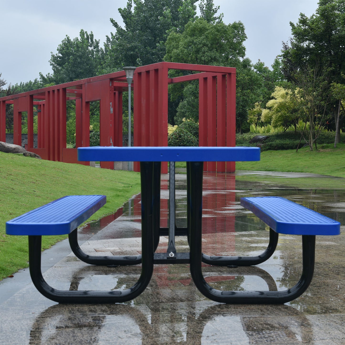 Square Outdoor Steel Picnic Table, With Umbrella Pole Home Essentials