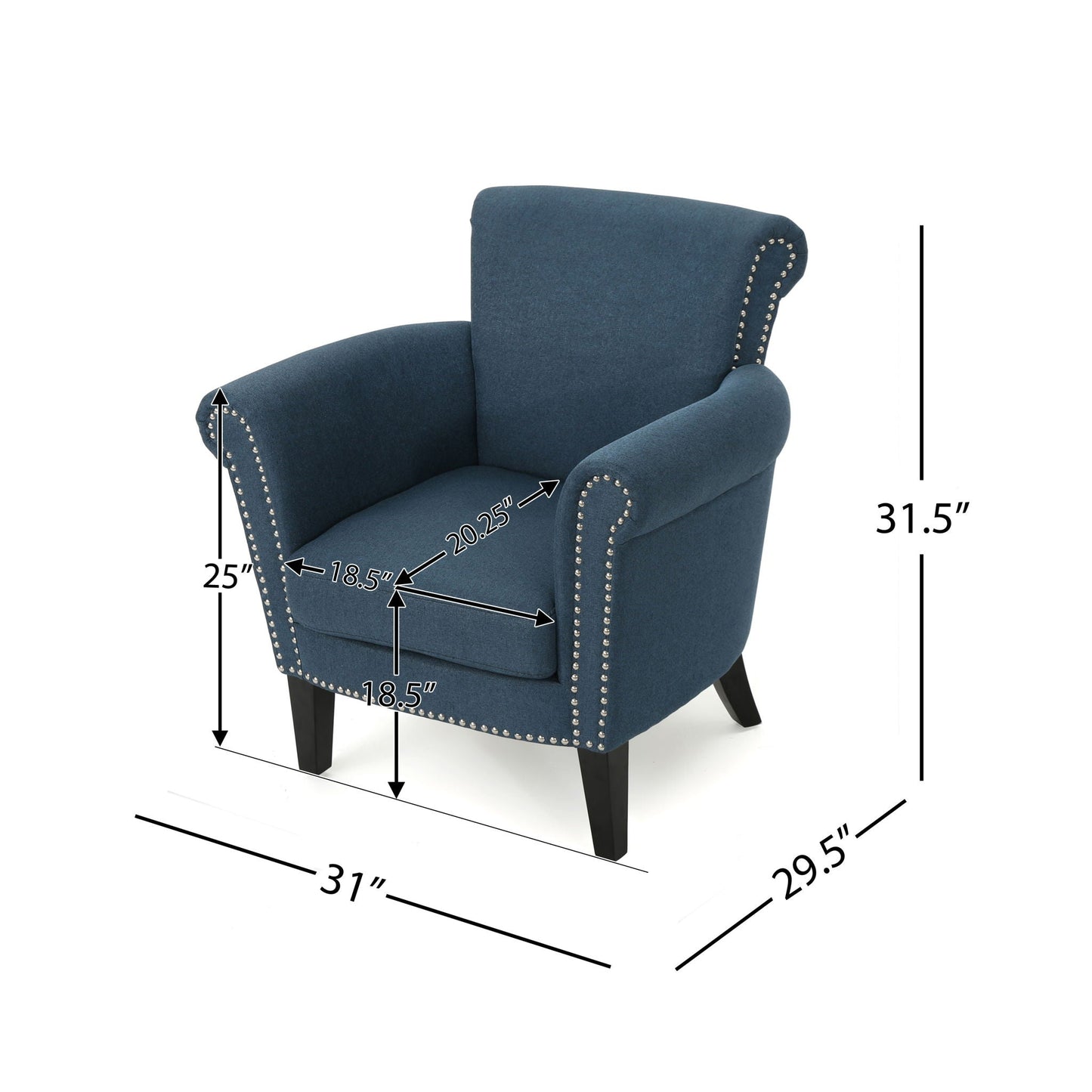 Elegant Fabric Club Chair With Nailhead Trim And Birch Wood Legs - Navy Blue Noble House