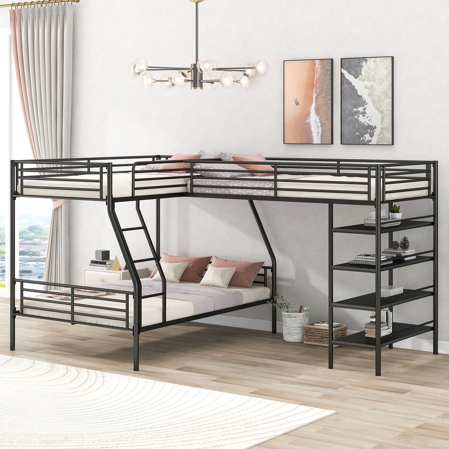 L-Shaped Twin Over Full Bunk Bed And Twin Loft Bed With 4 Built In Shelves - Black Hearth and Haven
