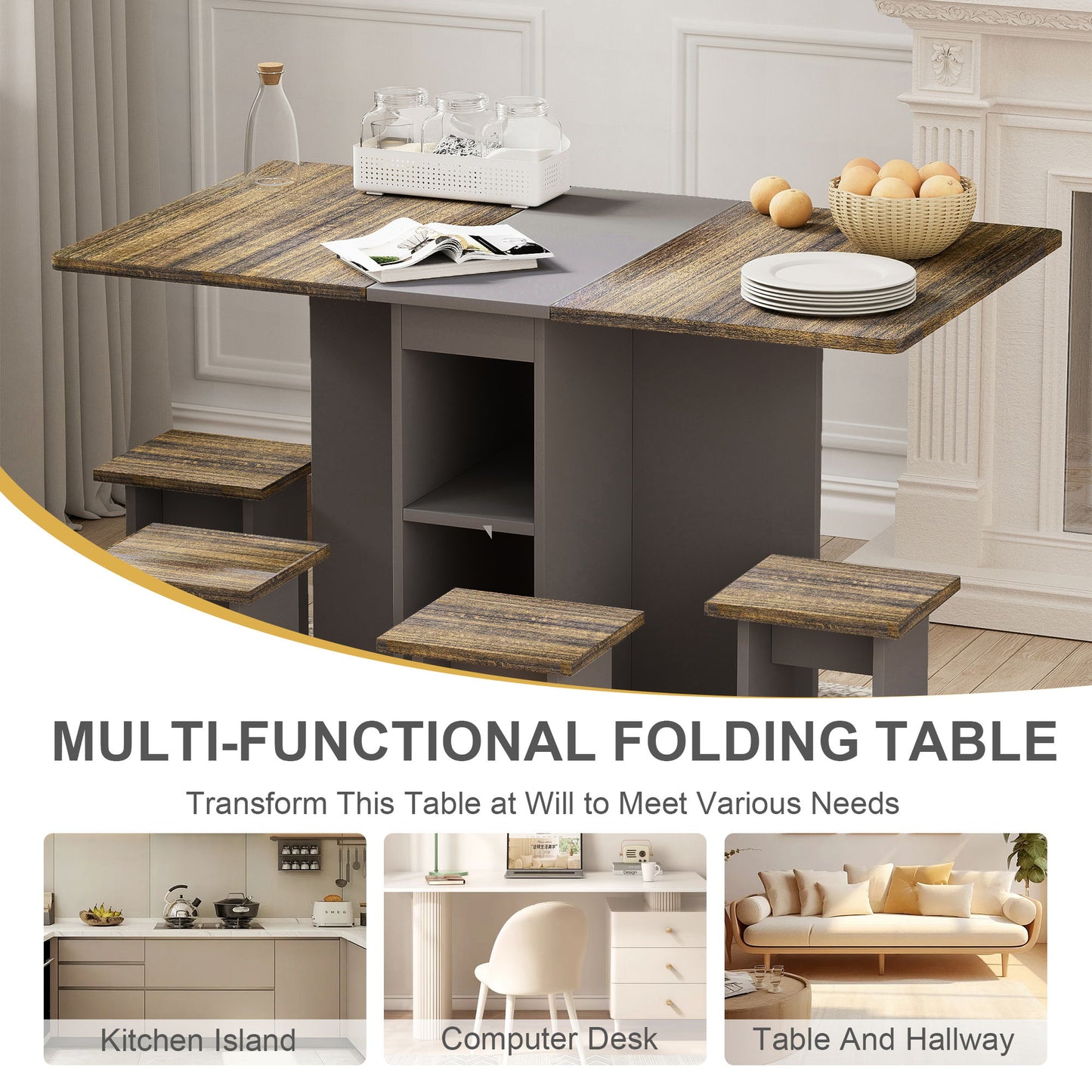 Contemporary 5 Piece Folding Extendable Dining Table Set With Chairs For 4 - Brown Home Essentials