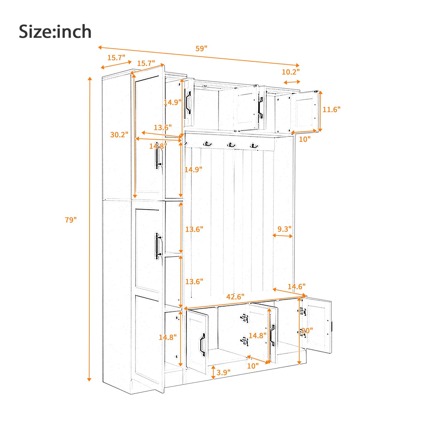 Tall Hall Tree With Shoe Storage, 4 In 1 Entryway Bench With 6 Cabinets, 4 Coat Hooks & Adjustable Shelf For Hallway - White Hearth and Haven