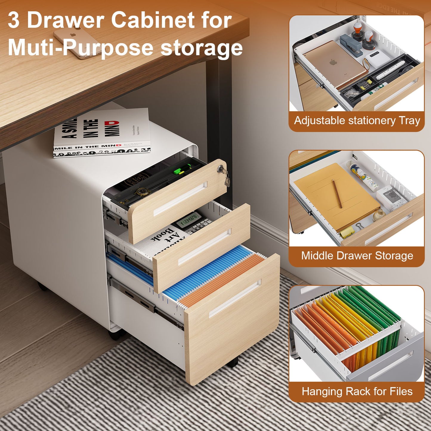 3 Drawer Mobile File Cabinet Under Desk Office, Simple Style Versatile Storage Cabinet For Legal / Letter / A4 Files, 5 Wheel Design Anti-Tilting Cold Rolled Steel Waterproof Moisture-Proof Home Essentials