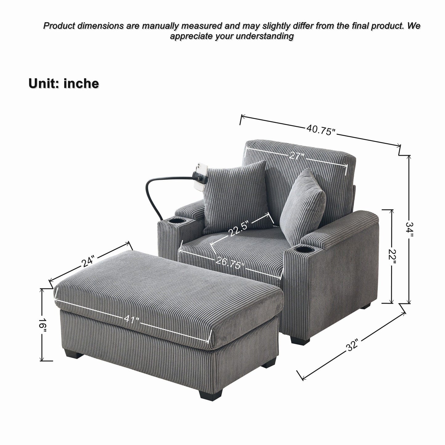 Comfy Corduroy Oversized Chaise Lounge Chair With Ottoman And Storage Home Essentials