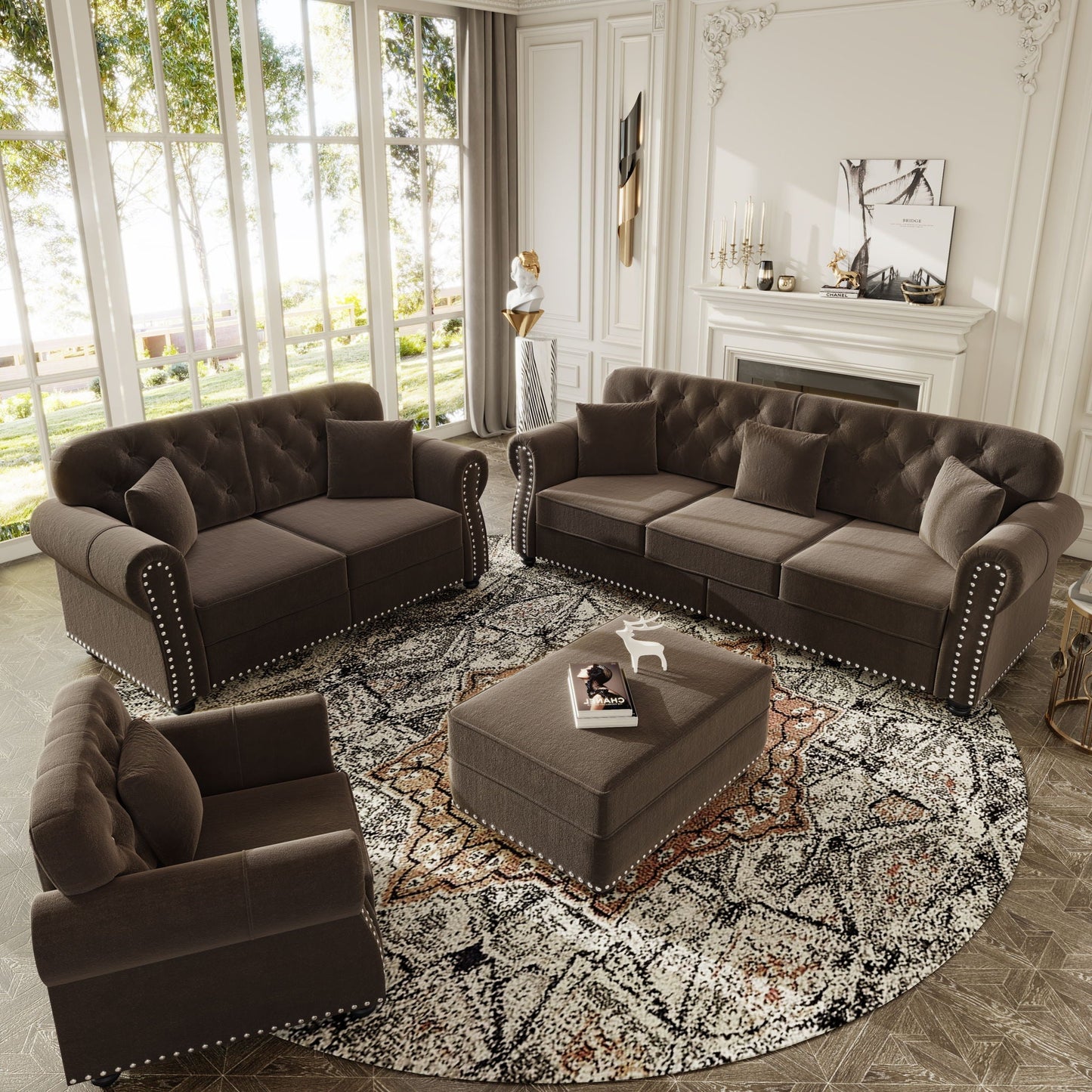 Upholstered Sofa Set With Nailhead Trim And Rolled Armrests, Includes Pillows Home Essentials