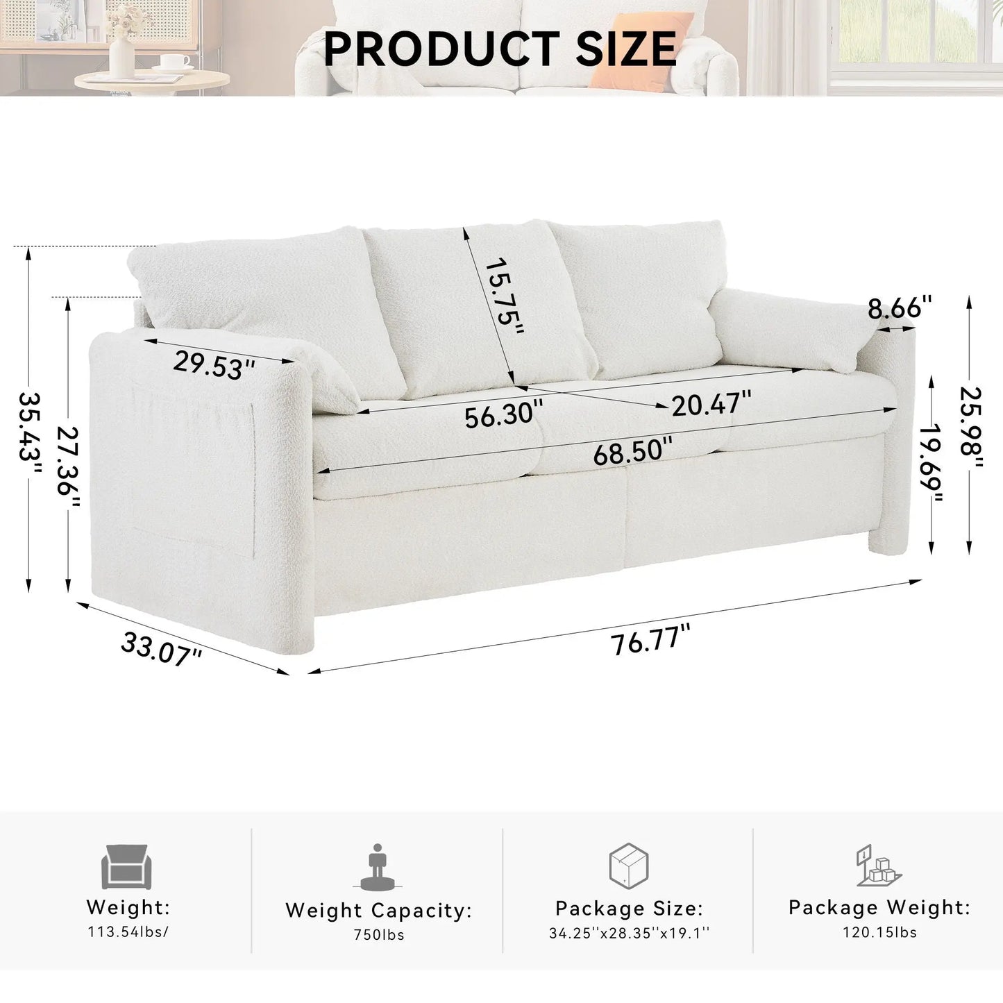 Modern 3 Seater Sofa Chenille Couch Plush Triple Seater Sofa With High Density Foam Cushions, Deep Seat Living Room Couch For Family Room, Apartment & Home Theater - Ivory White Home Essentials