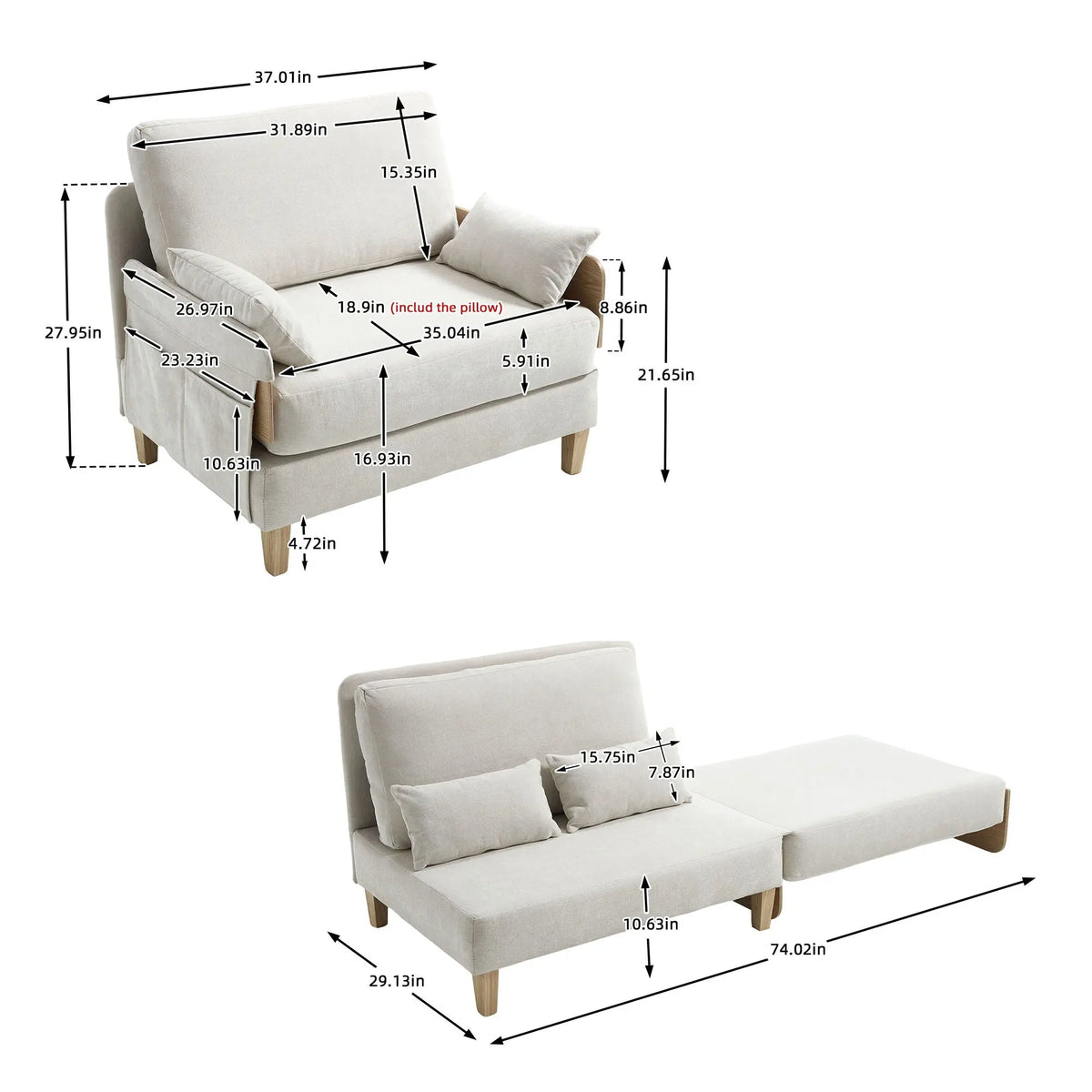 Mid Century Modern Foldable Sofa Bed, 3 In 1 Convertible Sleeper With 3 Pillows Home Essentials