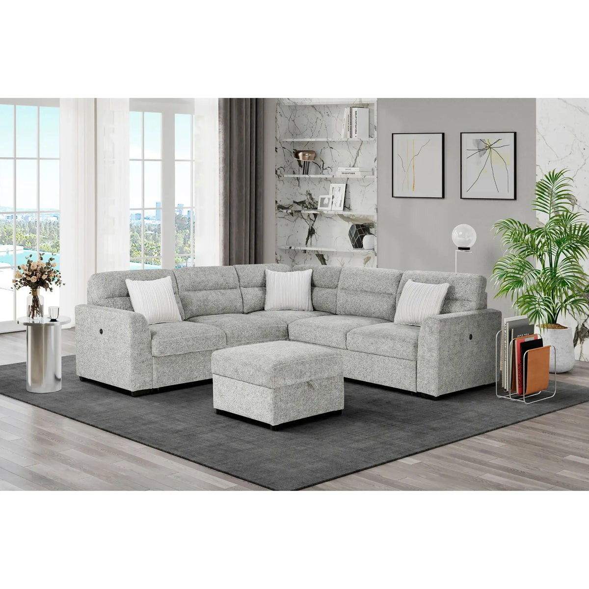 Emiliano - Sectional Sofa With 3 Pillows And Storage Ottoman - Nickel Global Furniture USA