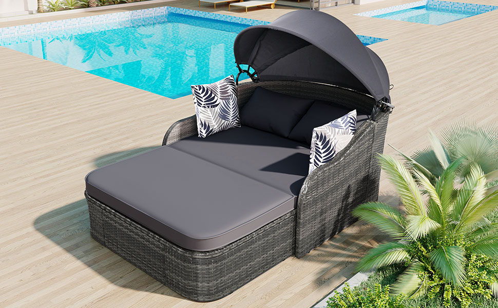 Outdoor Sunbed With Adjustable Canopy, Daybed With Pillows, Double Lounge, PE Rattan Daybed Hearth and Haven