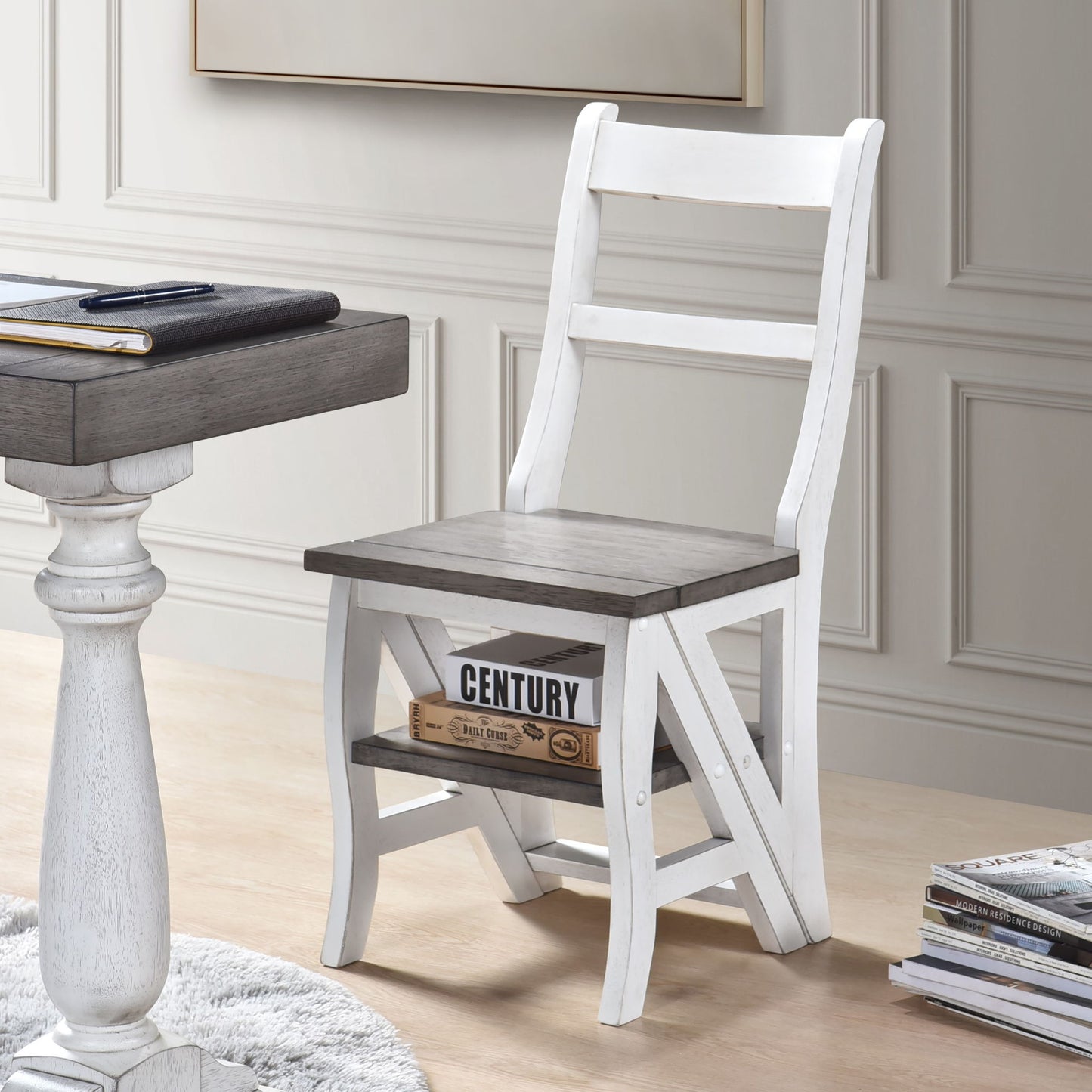 Solid Wood Foldable Ladderchair Dual Purpose Stepladders Step Display Stand Flower Stand Forhome, Library, Kitchen - Antique White / Sandstone Home Essentials